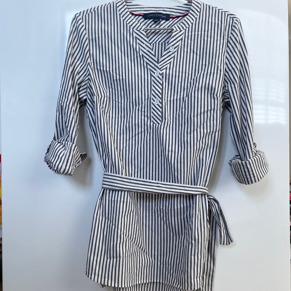 Tommy Hilfiger Gray and White Striped Long Shirt